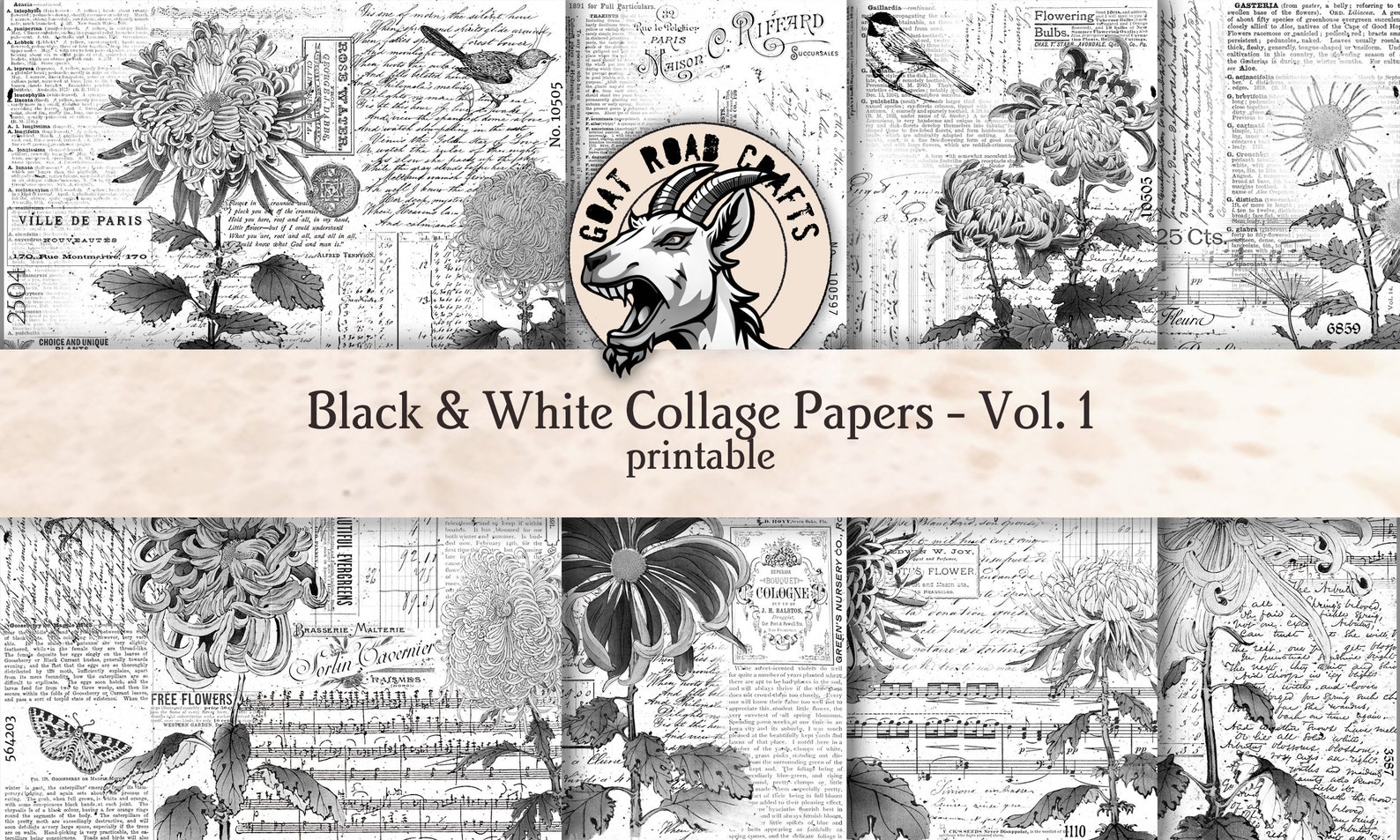 Black & White Collage Papers Vol. 1. Printable Paper Collection for