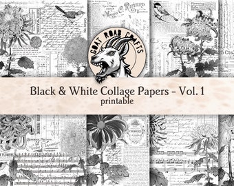 Black & White Collage Papers - Vol. 1. Printable paper collection for junk journals. Digital Download. GoatRoad Crafts