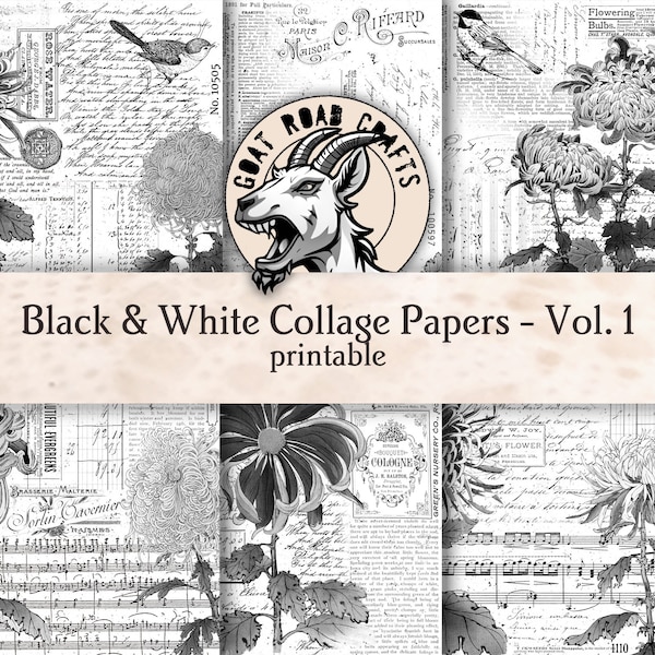 Black & White Collage Papers - Vol. 1. Printable paper collection for junk journals. Digital Download. GoatRoad Crafts