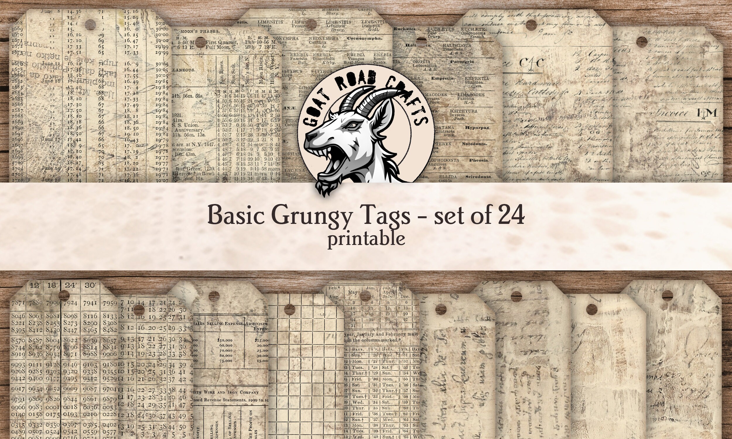 Basic Grungy Tags - set of 24. Ephemera for junk journals. Digital Download. GoatRoad Crafts