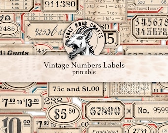 Vintage Numbers Labels in 5 colours and 2 sizes. Ephemera for junk journals. Digital Download. GoatRoad Crafts