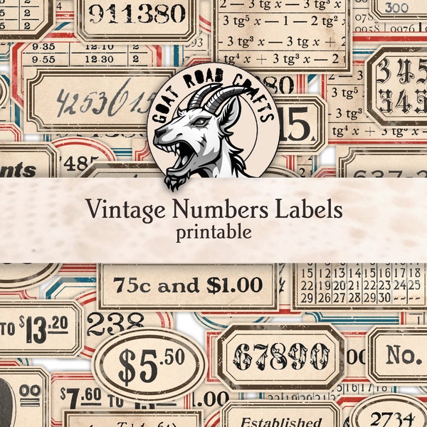 Vintage Numbers Labels in 5 colours and 2 sizes. Ephemera for junk journals. Digital Download. GoatRoad Crafts