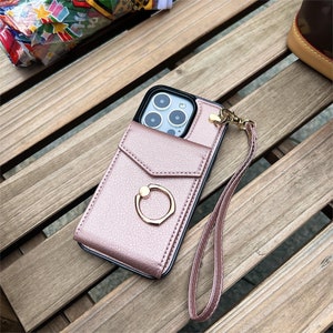 Capa de couro estilosa para celular com porta-cartões e alça de pulso para Apple e Samsung - Capa tipo carteira para iPhone 14, capa tipo bolsa para Samsung Galaxy S23