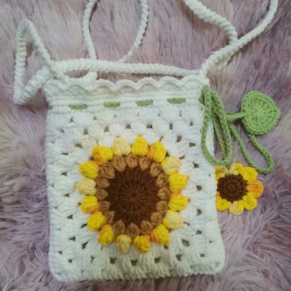 Bolso de ganchillo tejido a mano con girasol, bolso de algodón crossbody hecho a mano, bolso bandolera y bolso