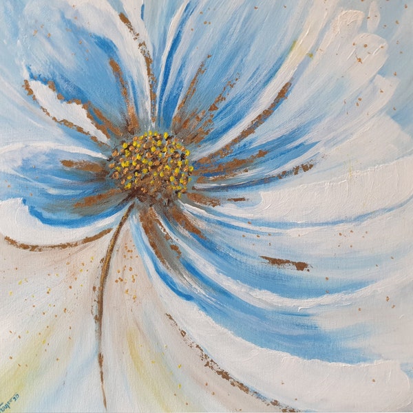 Peinture acrylique. Fleur bleue. Acrylique sur toile XL. Feuille d'or et couleur or. Librement interprété.