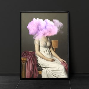 Pu&ograve; includere: Un dipinto di una donna che indossa un abito bianco con una nuvola rosa che le copre la testa. La donna &egrave; seduta su una sedia con un tessuto rosso drappeggiato sopra.