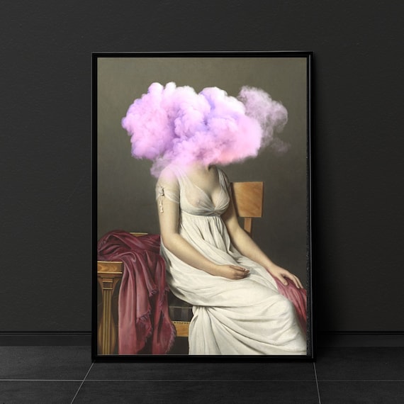 Vintage Print Eclectic Altered Art Portrait Moody Decor Gallery Wall Antique Oil Painting Pink head in the clouds
