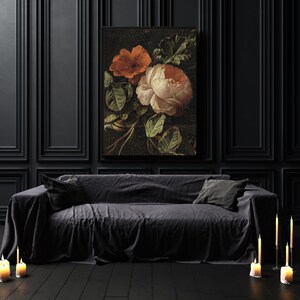 May include: A black framed canvas print of a still life featuring a bouquet of pink and orange roses against a dark background.