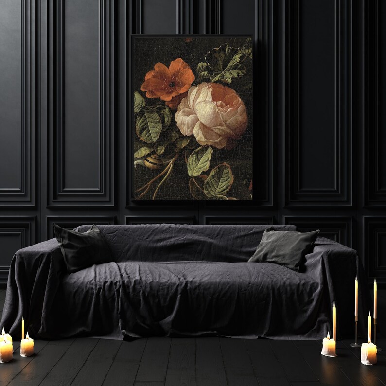 May include: A black framed canvas print of a still life featuring a bouquet of pink and orange roses against a dark background.