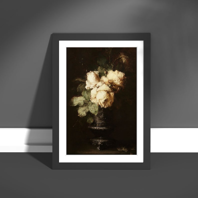 May include: A still life painting of white roses in a silver vase. The roses are arranged in a cluster and have a soft, delicate appearance. The vase is ornate and has a dark, aged patina.