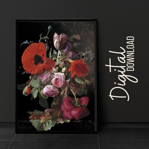 Vintage Blumendruck Stimmungsvoll Blumen Stillleben Ölgemälde Dunkle Academia Dekor Vintage Drucke Digital Download druckbare Wandkunst dunkles Dekor