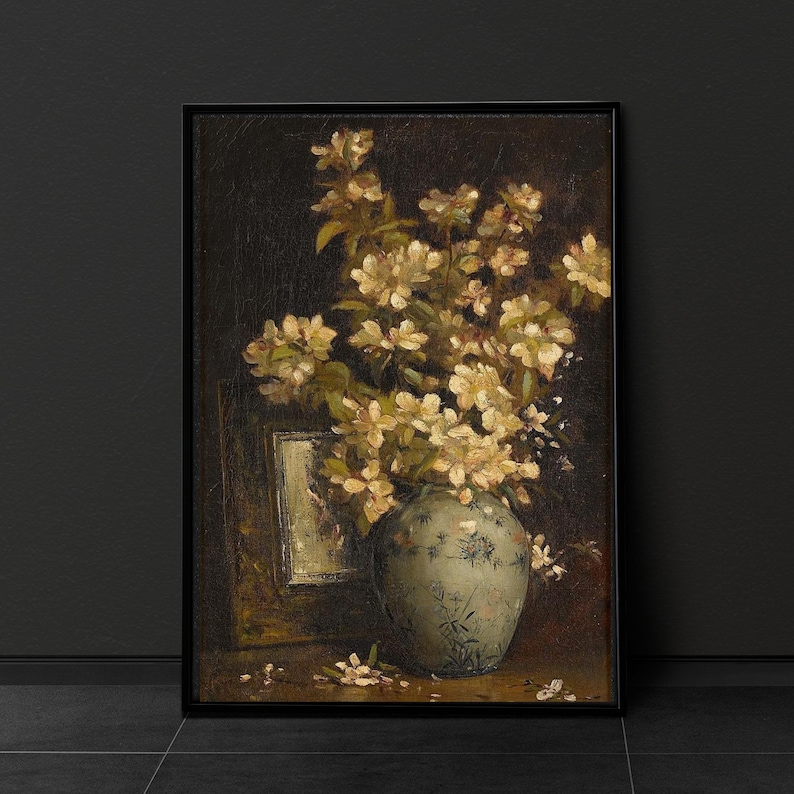 Vintage Flower Print Dark Floral Still Life Oil Painting Dark Academia Décor Moody Wall Art Vintage Floral Print Vintage Art Victorian Art bild 1