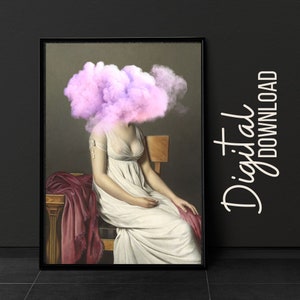May include: A digital art print of a woman in a white dress with a pink cloud covering her head. The woman is sitting on a chair with a red drape. The background is a dark gray.