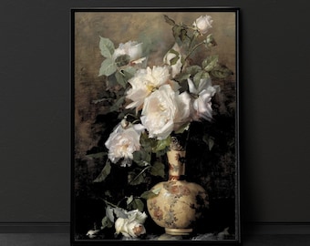 Moody Vintage Floral Print Still Life Oil Painting Dark Academia Décor Maximalist Victorian Art Home Decor