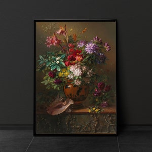 Moody Vintage Flower Print, Dark Floral Still Life Oil Painting, Dark Academia Décor, Moody Vintage Flower Print Vintage Art, Victorian Art