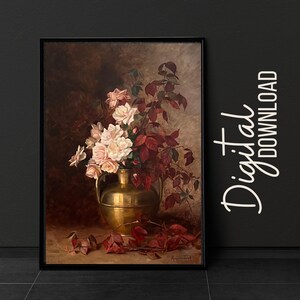Digital Download, Vintage Floral Print, Dark Floral, Floral Still Life, Oil Painting, Dark Academia Décor, Vintage Print, Printable Art