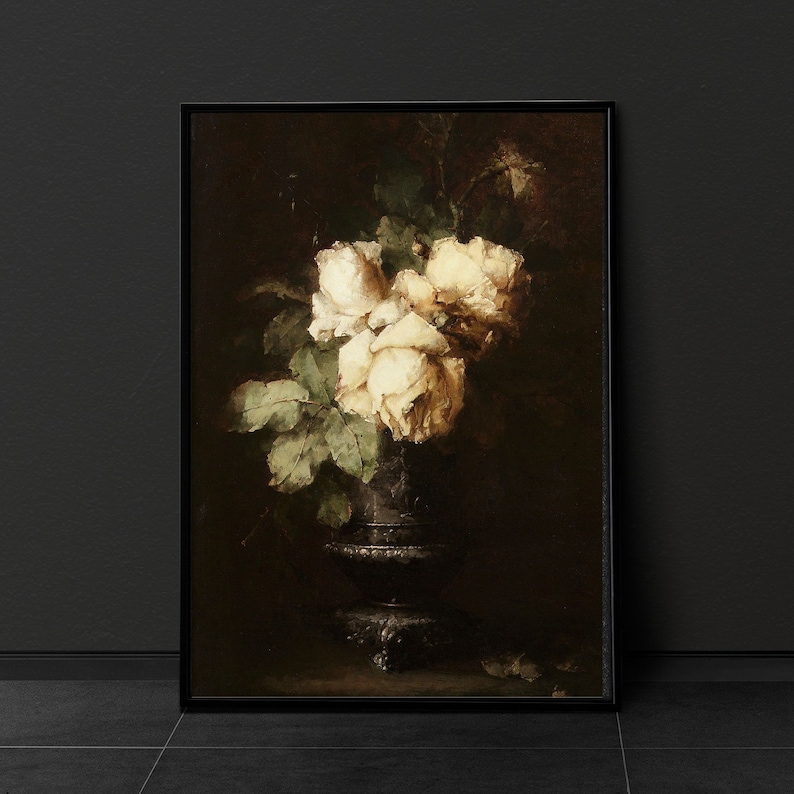 May include: A still life painting of a bouquet of white roses in a dark, ornate vase. The roses are arranged in a cluster, with their petals overlapping. The vase is decorated with intricate details, and the background is a dark, shadowy color.