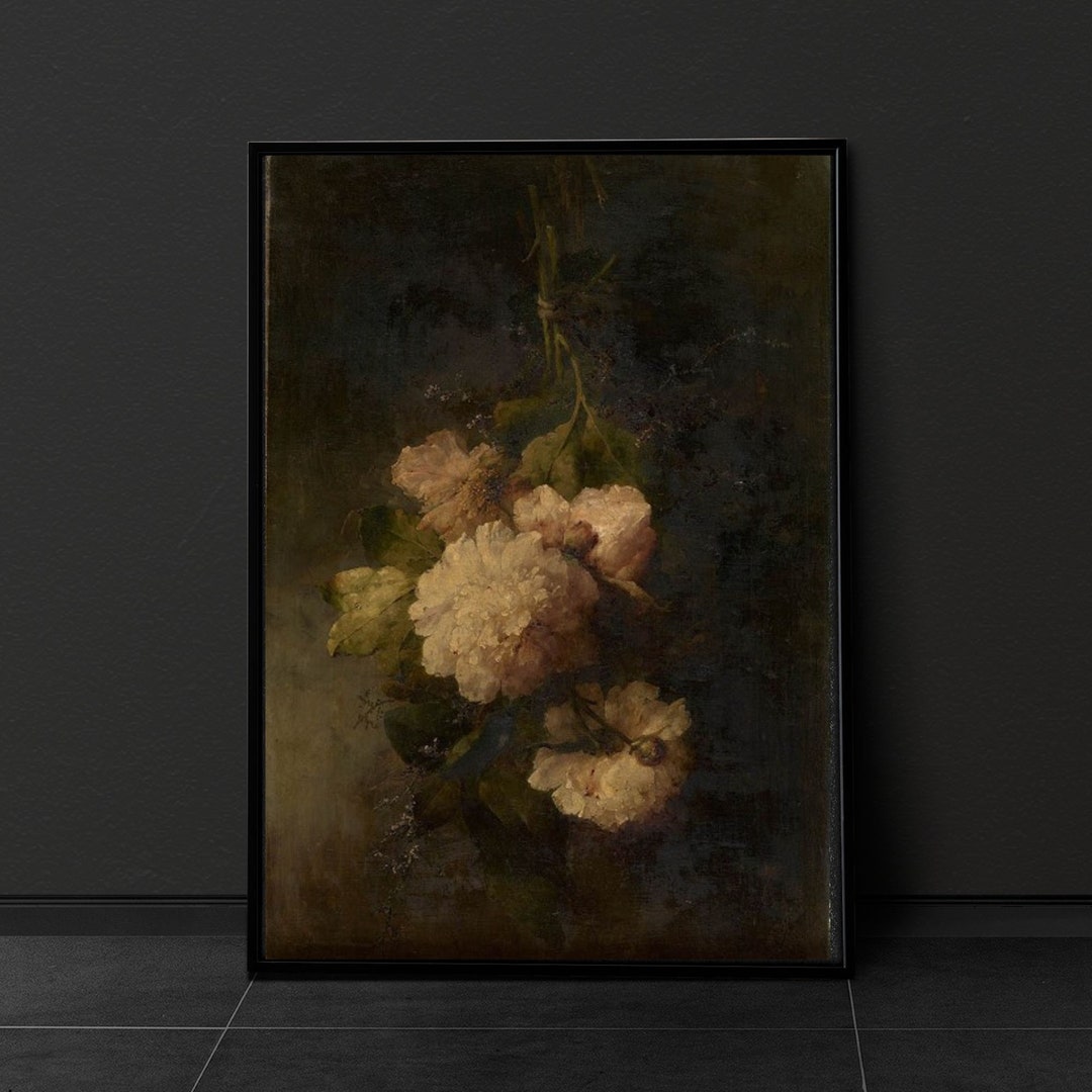 Vintage Flower Print Dark Floral Still Life Oil Painting Dark Academia ...