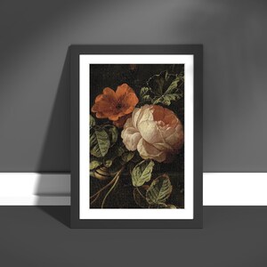 May include: A framed painting of a still life featuring a white rose and a red poppy with green leaves on a dark background.