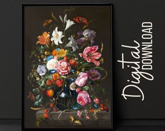 Vintage Blumen Stillleben Druck: Stimmungsvolle dunkle Blumenkunst (Digitaler Download)