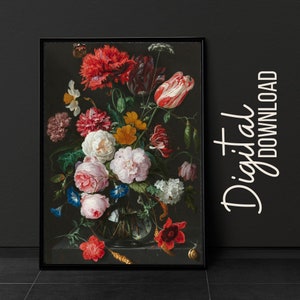 Digital Download Moody Vintage Print Dark Floral Floral Still Life Oil Painting, Dark Academia Décor Vintage Art Printable Art Gallery Wall