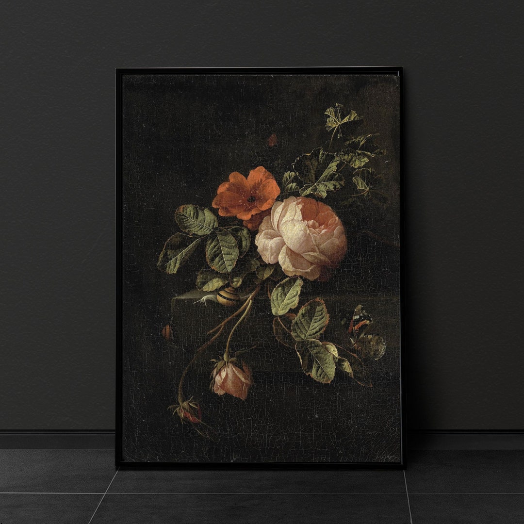 Moody Vintage Flower Print, Dark Floral Still Life Oil Painting, Dark ...
