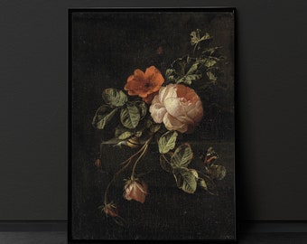 Moody Vintage Flower Print, Dark Floral Still Life Oil Painting, Dark Academia Décor, Moody Vintage Flower Print Vintage Art, Victorian Art