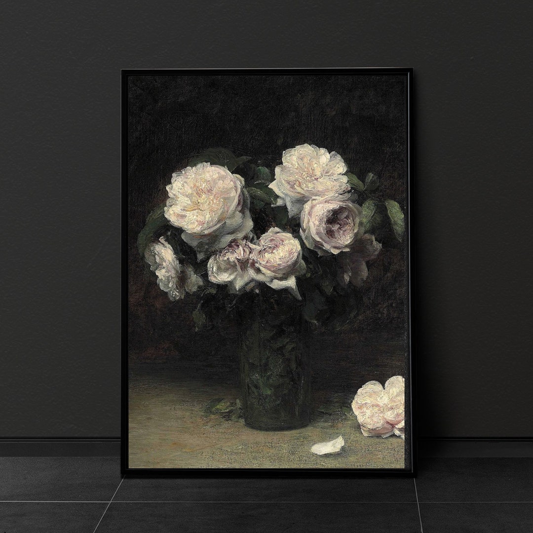 Vintage White Rose Floral Print, Dark Floral, Still Life Oil Painting ...