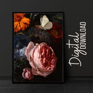 Digital Download Vintage Flower Print Dark Floral Floral Still Life Oil Painting, Dark Academia Décor Vintage Print Printable Gallery Wall