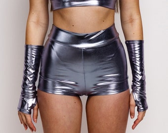 Short rave femme argenté, shorts de fête, shorts de fête rave, vêtements pour femmes raves, vêtements de soirée rave, tenue de festival, tenue femme rave