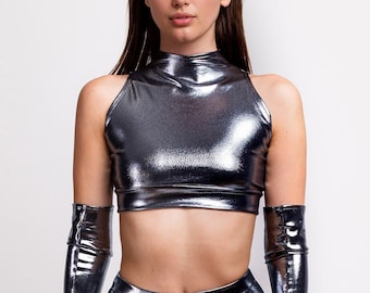 Woman Crop Top, Sleeveless Rave Top, Silver Woman Top, Rave Women Clothing, Rave Outfit, Festival Outfit, Rave Clothing, Burning Man Outfit