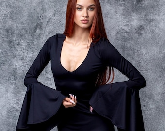 Morticia Puddle Train Gown Dress, Gothic Black Dress, Goth Long Dress, Morticia Long Dress, Witchy Dress Women, Halloween Costume Women