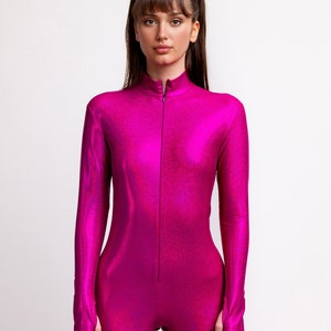 Festival Woman Costume, Pink Sparkly Rave Costume, Sexy Woman Full Bodysuit, Front Zip Costume, Rave Women Clothing, Rave Burning Man Wear