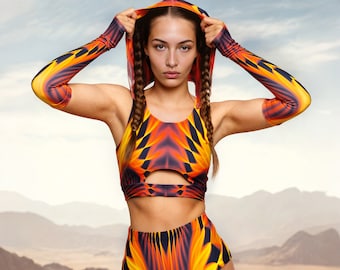 Wildfire Hooded Rave Set: Rave Top, Shorts & Gloves