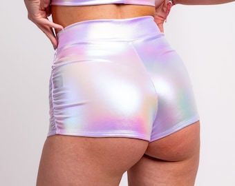 Shorts holographiques rave, shorts femme, shorts rave, shorts pour femme de soirée, tenues de soirée, vêtements pour femmes, tenues rave, style mode Burning Man