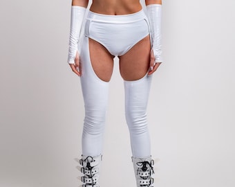 Rave White Vinyl Chaps, Woman Rave Chaps, Party Wear, Sexy Woman Rave Festival Pants, Women Clothing, Rave Wear, Burning Man Fashion Style