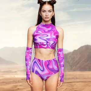 Rose Glow Rave Set: Sleeveless Crop Top & High Waisted Shorts