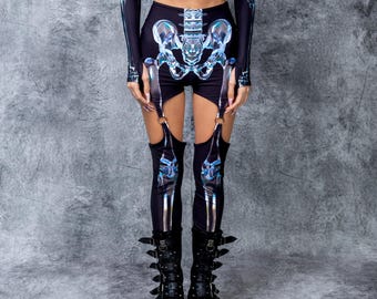 Leggings con liguero de esqueleto: Disfraz de Halloween, Ropa para fiestas rave