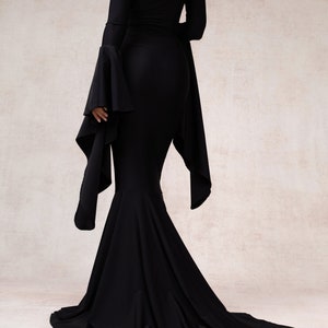Morticia Puddle Train Gown Dress, Gothic Black Dress, Black Goth Long Dress, Morticia Long Dress, Witchy Dress Women, Festival Black Dress image 2