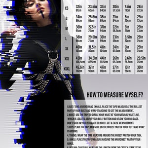 May include: Size chart for clothing with measurements in inches and centimeters. The chart includes bust, waist, hip, thigh, ankle, and inseam measurements. The chart also includes instructions on how to measure yourself.