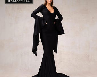 Morticia Puddle Train Gown: Gothic Velvet Long Sleeve Dress