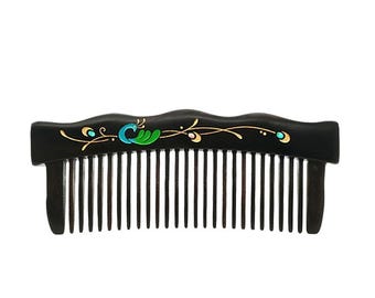 Handmade Peacock Wooden Hair Comb, Sandalwood with Mother of Pearl Inlay, Personalized Engraved Gift