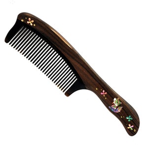Personalized Sandalwood & Horn Hair Comb, Flower and Fox Design, Custom Engraved Long Handle Wooden Comb