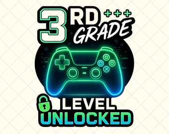 3rd Grade Level Unlocked Png, Gamer Back To School Sublimation Png, Digital Download, Video Game Controller, Trendy Kid School Design