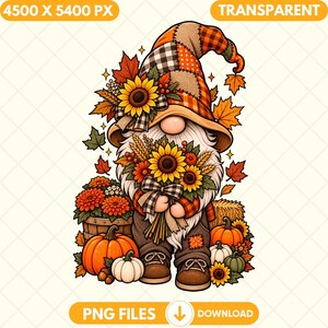 Puede incluir: Una ilustración digital de un gnomo con un sombrero de cuadros adornado con girasoles y hojas de otoño. El gnomo sostiene un ramo de girasoles y trigo, de pie junto a una cesta de madera con flores naranjas, calabazas y calabacines.