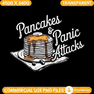 Può includere: Un'illustrazione in bianco e nero di una pila di pancake con sciroppo e un pezzo di burro in cima. Il testo "Pancakes & Panic Attacks" è scritto in un font stilizzato.