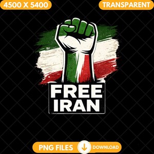 Puede incluir: Diseño gráfico con un puño cerrado en verde, blanco y rojo, que representa la bandera iraní. Las palabras "FREE IRAN" se muestran en un rectángulo blanco sobre un fondo negro.
