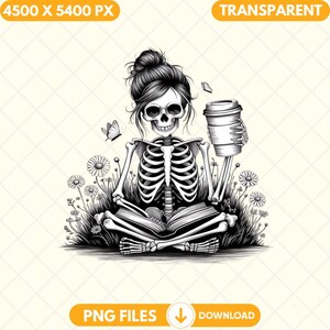 Puede incluir: Ilustración en blanco y negro de un esqueleto sentado con las piernas cruzadas con un libro en su regazo y una taza de café en su mano. El esqueleto tiene el pelo largo recogido en un moño y está rodeado de flores y mariposas.