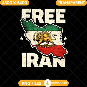 May include: A graphic design featuring the words "FREE IRAN" in a distressed white font. The design includes a map of Iran colored in the colors of the Iranian flag, with a golden lion holding a sword.
