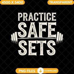 Könnte beinhalten: Weißer Text auf schwarzem Hintergrund, der "Practice Safe Sets" lautet, mit einer Hantelgrafik unter dem Text.